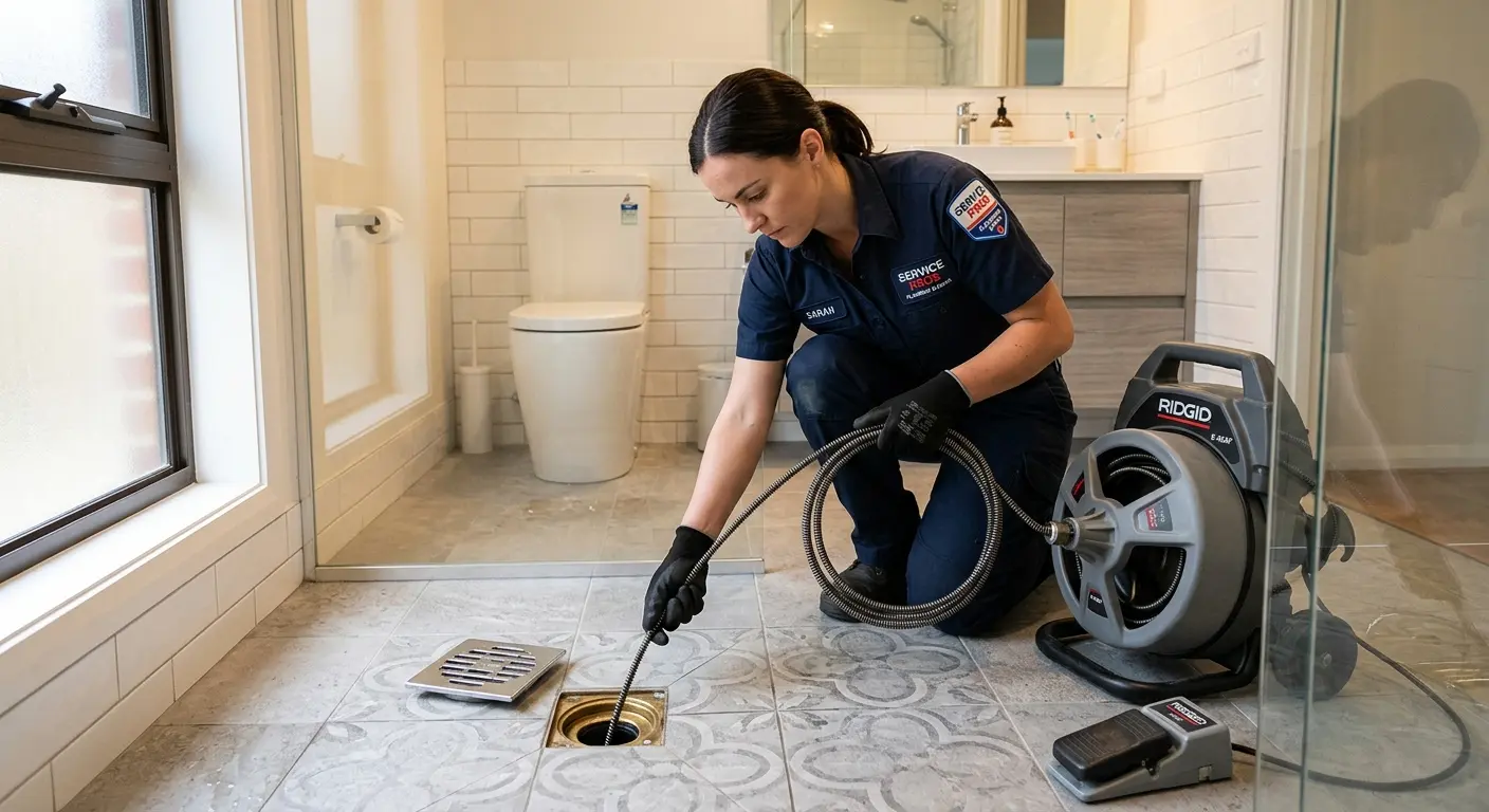 Technician clearing a bathroom floor drain for Hydro Jetting in Lower Paxton